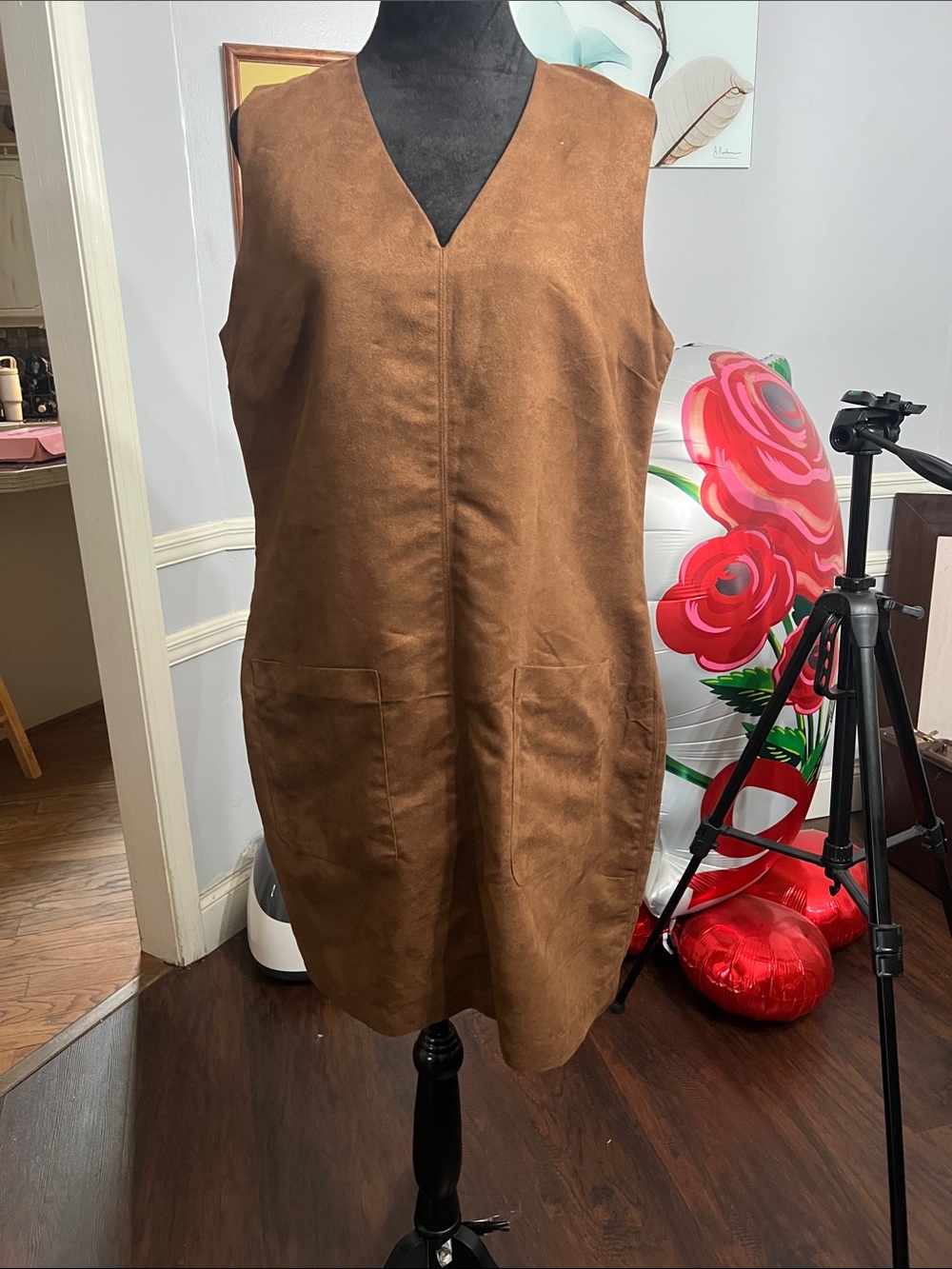 Sleeveless V-Neck Mini Dress in Warm Brown